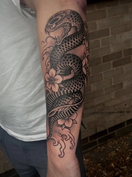 Big Japanese Snake and Flowers on Men Arm Tattoo by @matthuntmba