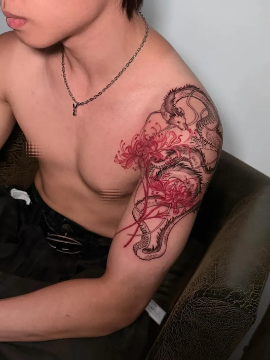 Big Japanese Spider Lily and Dragon Men Shoulder by @ona.inks