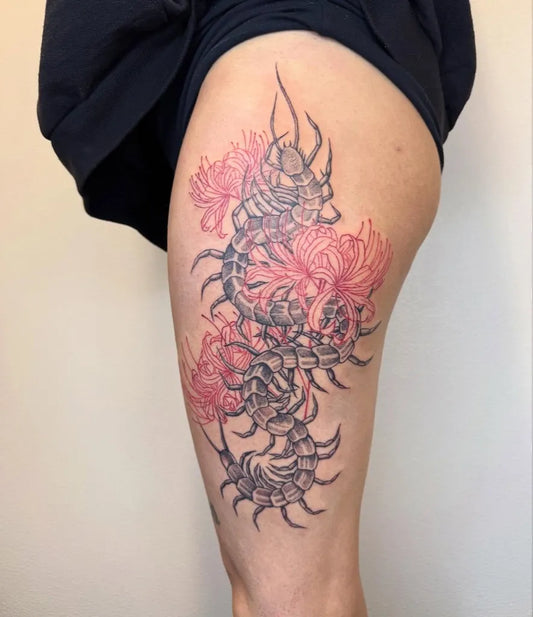 Big Japanese Style Dragon and Chrysanthemums on Women Thigh Tattoo by @tattooaer
