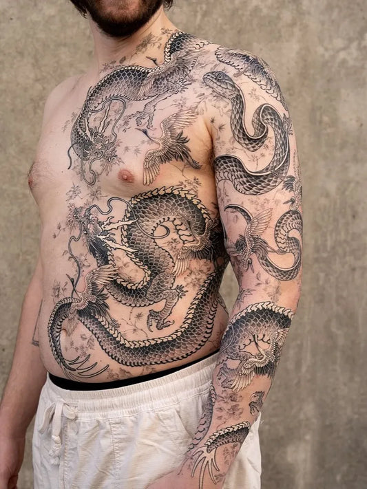 Big Japanese Style Dragons on Men Torso Tattoo by @tattoosfolder