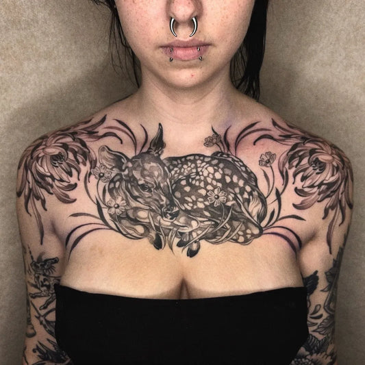 Big Japanese Style Fawn and Flowers on Women Chest Tattoo by @baroquebabetattoos