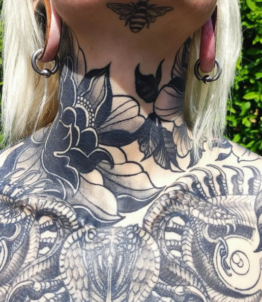 Big Japanese Style Flowers Snakes Bees on Women Neck Tattoo by @tatu_teodora