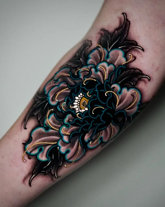 Big Japanese Style Peony with Leaves on Men Arm Flower Tattoo by @dohi_tattoo