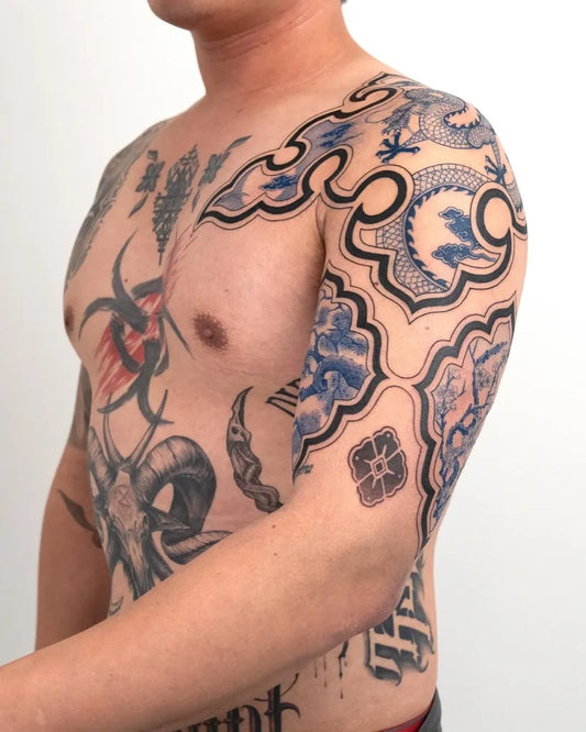 Big Japanese Style Porcelain Dragon and Biohazard on Men Arm Sleeve Tattoo by @saki.lss