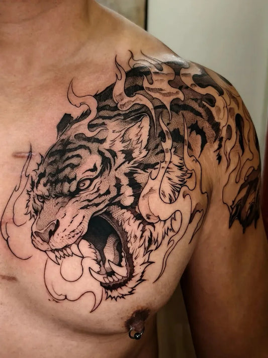 Big Japanese Style Roaring Tiger with Flames on Men Chest Tattoo by @jerry_tankuro