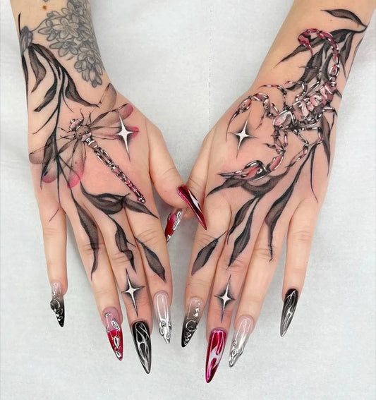 Big Japanese Style Scorpion and Dragonfly on Women Hands Tattoo by @tattooculturemag