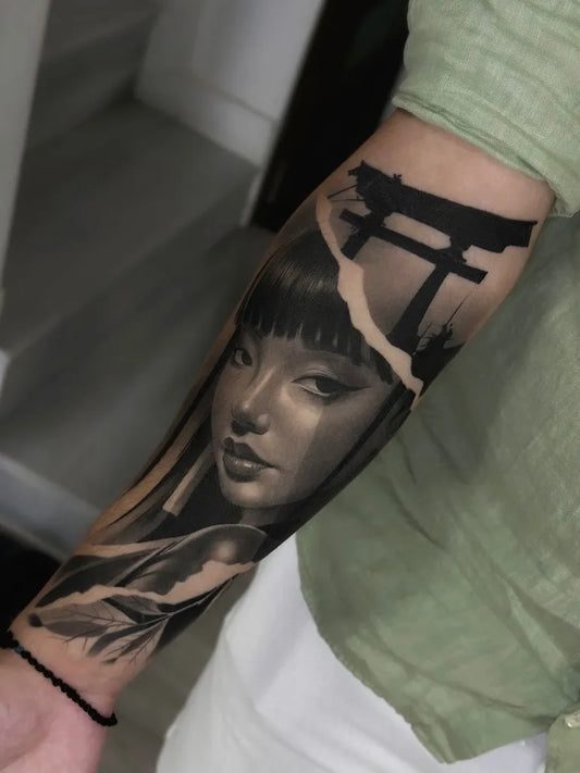 Big Japanese Style Woman with Torii Gate on Men Arm Sleeve Tattoo by @virlaneduardtattoo