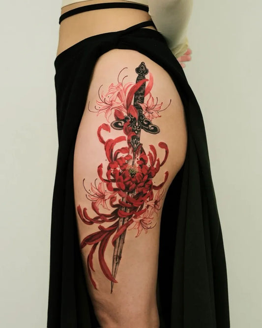 Big Japanese Sword and Spider Lily on Women Thigh Tattoo by @seoulinktattoo