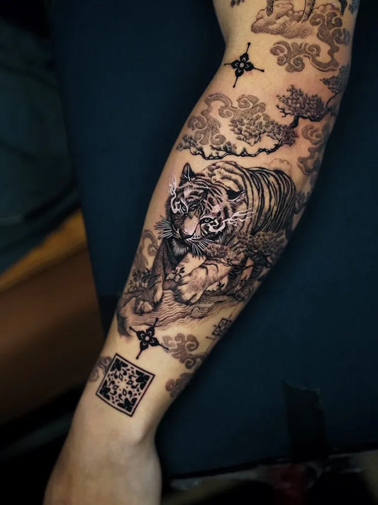 Big Japanese Tiger Clouds Shuriken on Women Arm Tattoo by @pols_tattoo