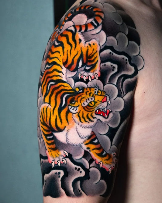 Big Japanese Tiger Clouds on Men Shoulder Tattoo by @marksomething