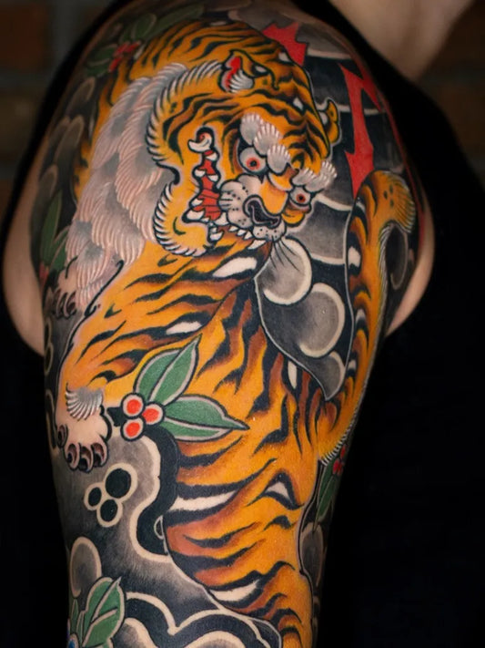Big Japanese Tiger Dragon Cloud on Men Arm Tattoo by @magqtattoo