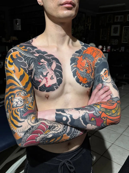 Big Japanese Tiger Dragon Oni on Men Chest Tattoo by @yoshiohonjo