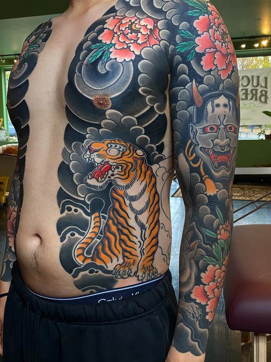 Big Japanese Tiger Hannya on Men Torso Tattoo by @adam.tennyo.tattoos