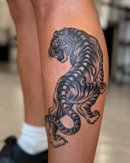 Big Japanese Tiger Men Leg Tattoo by @jae_tatt