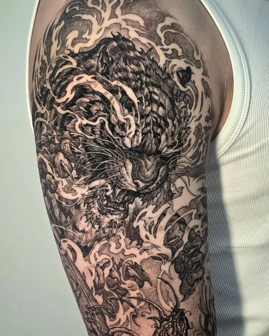 Big Japanese Tiger and Flowers on Men Arm Sleeve Tattoo by @taby_tattoo