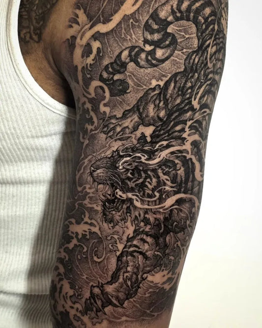 Big Japanese Tiger on Men Arm Tattoo by @taby_tattoo