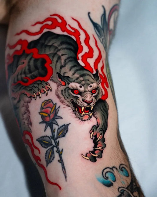 Big Japanese Tiger with Flames and Rose on Men Arm Tattoo by @jin_qchoi