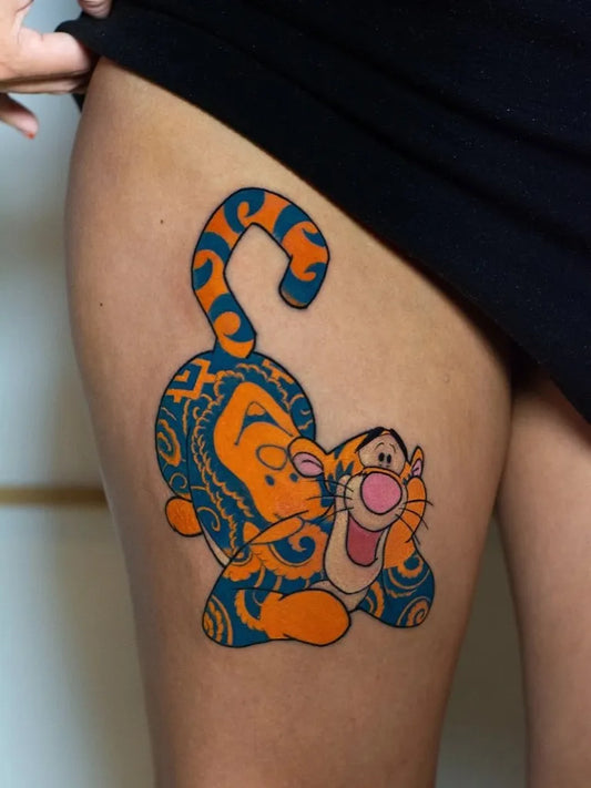 Big Japanese Tigger on Women Thigh Tattoo by @ink.japanese.ink.30