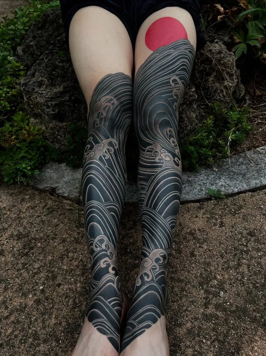 Big Japanese Waves and Sun on Women Leg Tattoo by @3shiyu