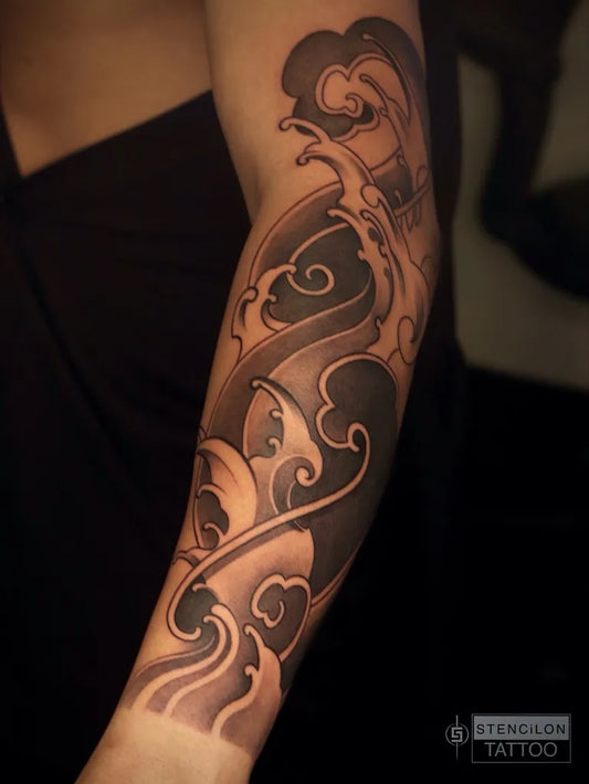 Big Japanese Waves on Women Arm Sleeve Tattoo by @stencilontattoo