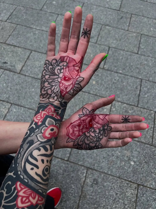 Big Japanese Wolf Lotus Yin Yang on Women Hands Tattoo by @fredericmado.ttt