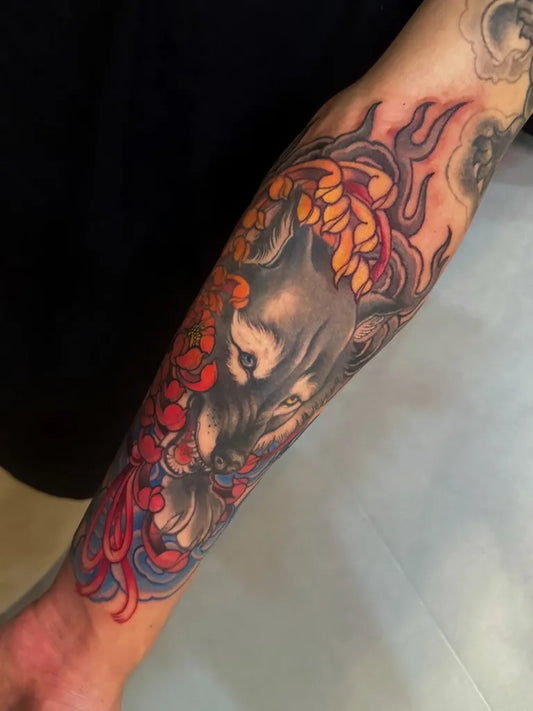 Big Japanese Wolf and Flowers on Men Arm Tattoo by @arissatattoo
