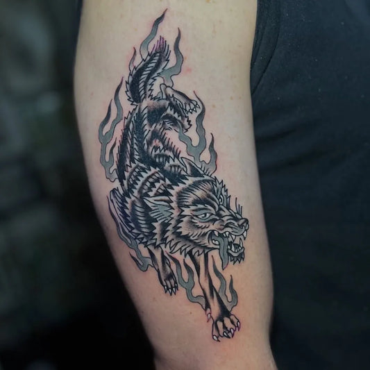 Big Japanese Wolf with Flames on Men Arm Tattoo by @vonernst666