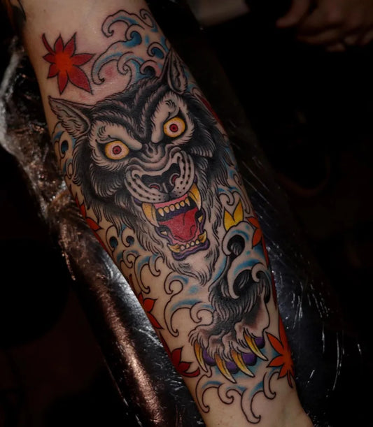 Big Japanese Wolf with Waves on Men Arm Tattoo by @espo926