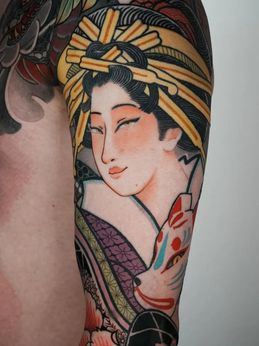 Big Japanese Woman with Fox and Cherry Blossom on Men Arm Tattoo by @jeje_ink