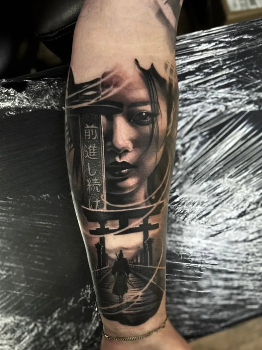 Big Japanese Woman with Kanji and Torii Gate on Women Arm Tattoo by @will_templeman_tattoos