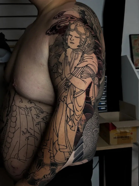 Big Japanese angel dragon on Men Arm Sleeve Tattoo by @horiaka1