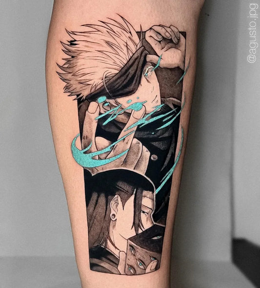 Big Jujutsu Kaisen Satoru Gojo and Suguru Geto on Men Leg Tattoo by @agusto.jpg