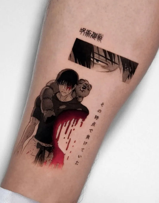 Big Jujutsu Kaisen Sukuna with Mahoraga and Japanese text on Men Arm Tattoo by @jujutsukaisentattoos