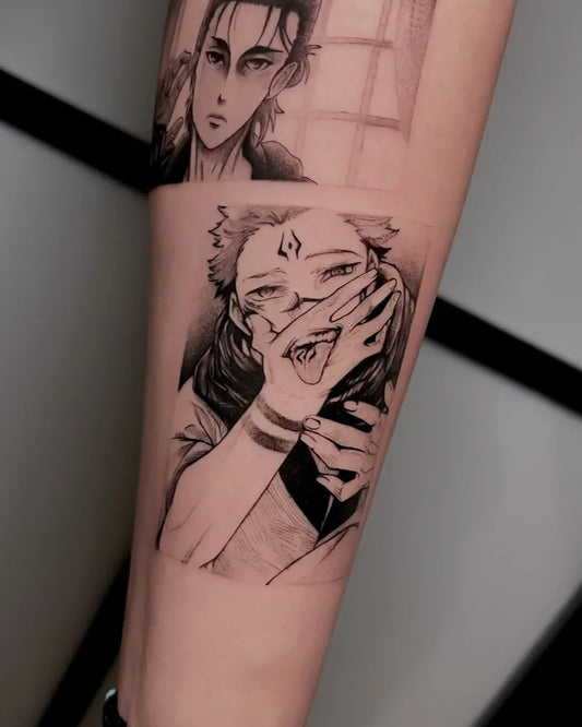 Big Lineart Jujutsu Kaisen Characters on Women Leg Tattoo by @diegolobotattoo