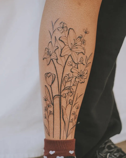 Big Linework Flowers Lily Tulip on Women Leg Flower Tattoo by @calmyourtats