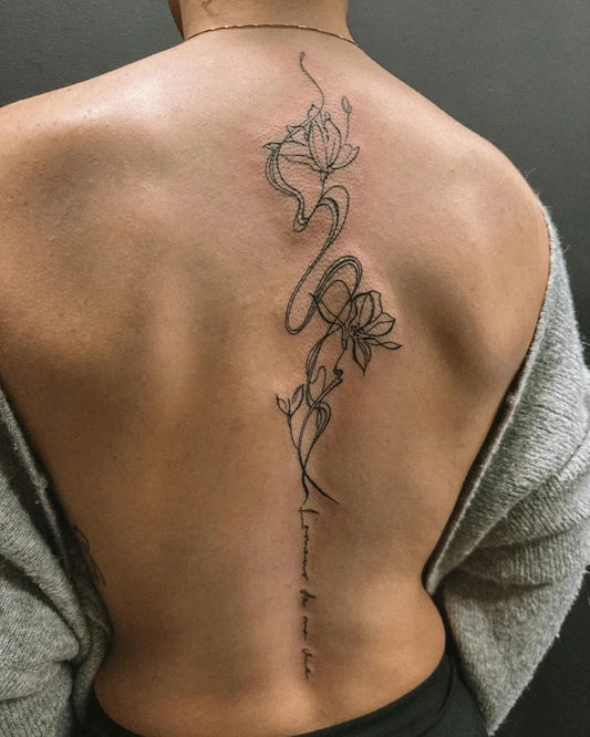 Big Linework Flowers and Swan on Women Spine Tattoo by @hybridink.helsinki