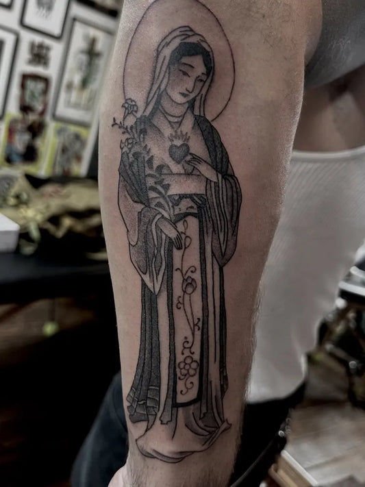 Big Linework Guanyin on Men Arm Religious Tattoo by @megumu_weirdo