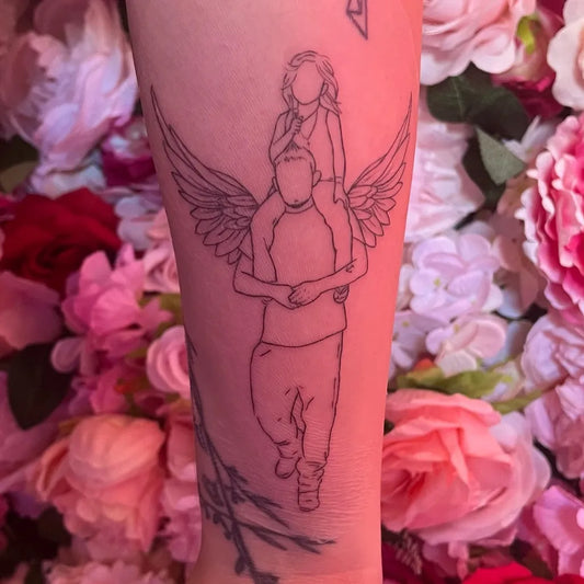 Big Linework Man with Daughter on Back on Women Arm Tattoo by @inksirenstattoo