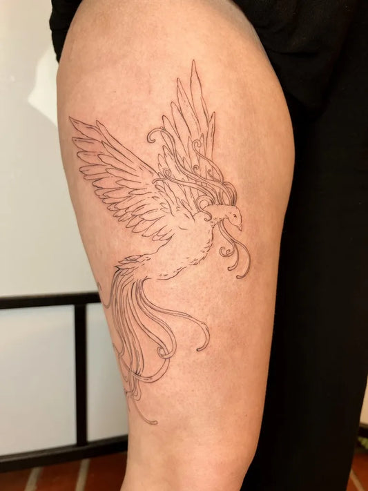 Big Linework Phoenix on Women Thigh Tattoo by @aavatattoo