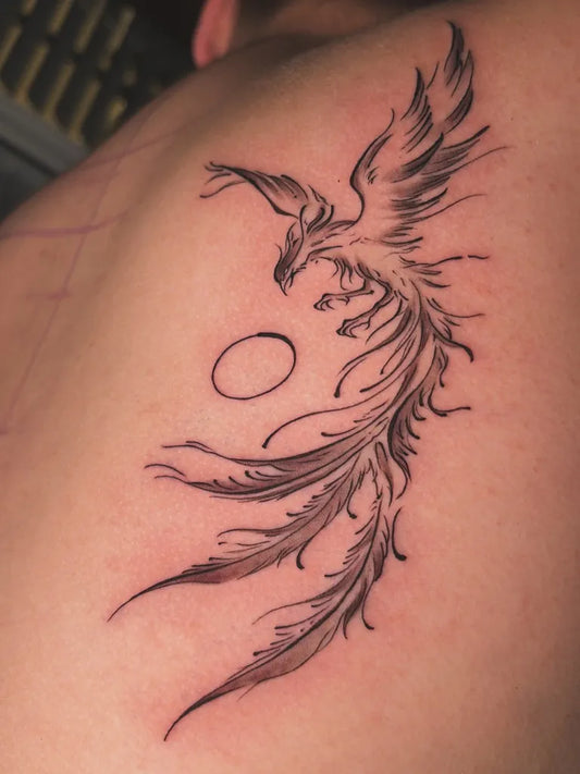 Big Linework Phoenix with Moon on Men Back Tattoo by @p4in_inker
