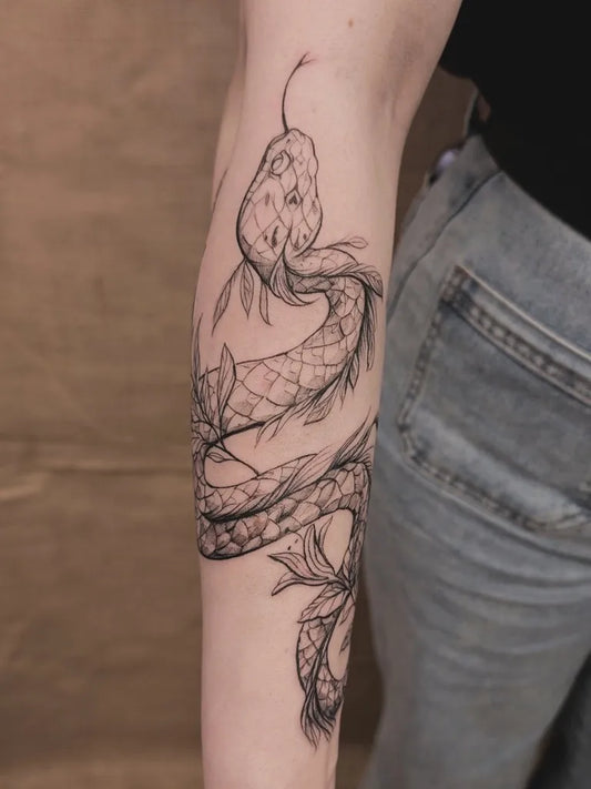 Big Linework Snake with Leaves on Women Arm Tattoo by @doukypick