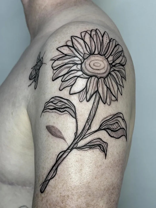 Big Linework Sunflower and Bee on Men Shoulder Tattoo by @jodiemaetattoos