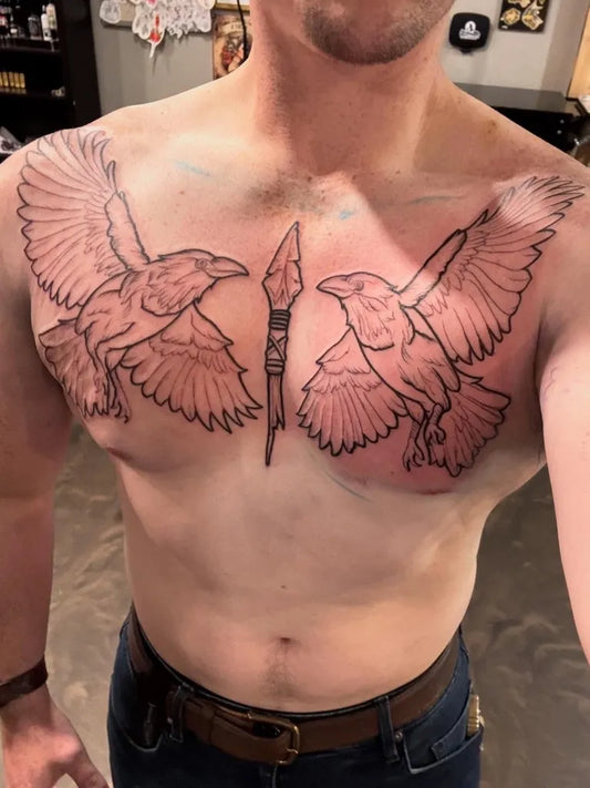 Big Linework Twin Ravens with Spear on Men Chest Tattoo by @daniel_whitaker95