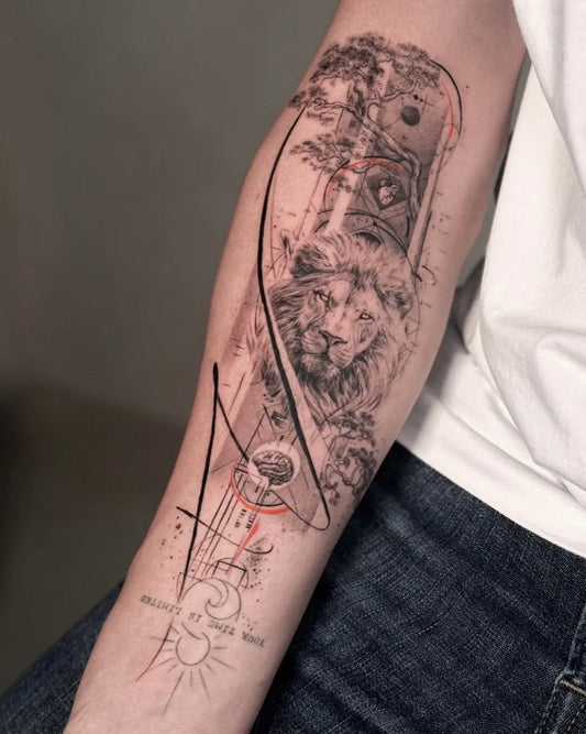 Big Lion Tree Sun on Men Arm Sleeve Tattoo by @vero_creato