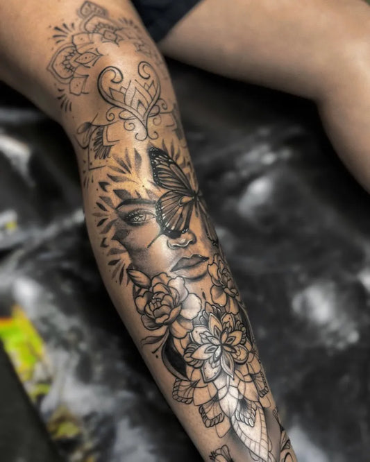 Big Mandala Butterfly Woman Leg Sleeve Tattoo by @louie.issa