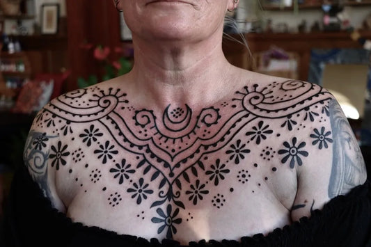 Big Mandala CrescentFlowers on Women Chest Tattoo by @terezamaresovatattoo