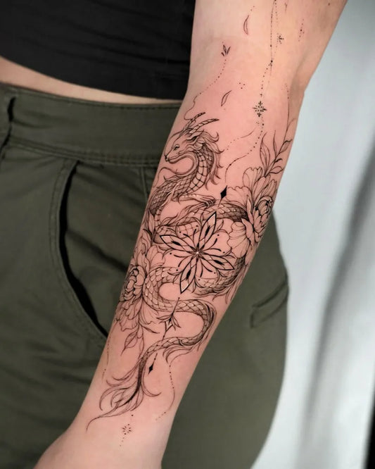 Big Mandala Dragon Flower on Women Arm Tattoo by @becca.rose.tt