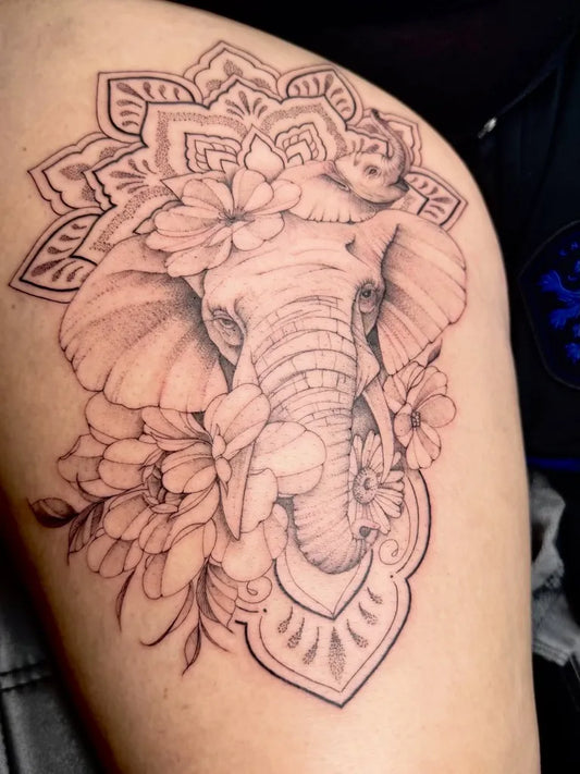 Big Mandala Elephant Floral Tattoo on Women Shoulder by @luzanneink