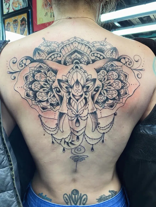Big Mandala Elephant Tattoo on Women Back by @diablolocotattoo