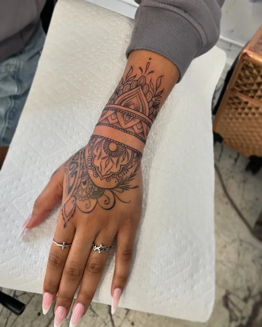 Big Mandala Floral Cuff on Women Wrist Tattoo by @lyzatattz